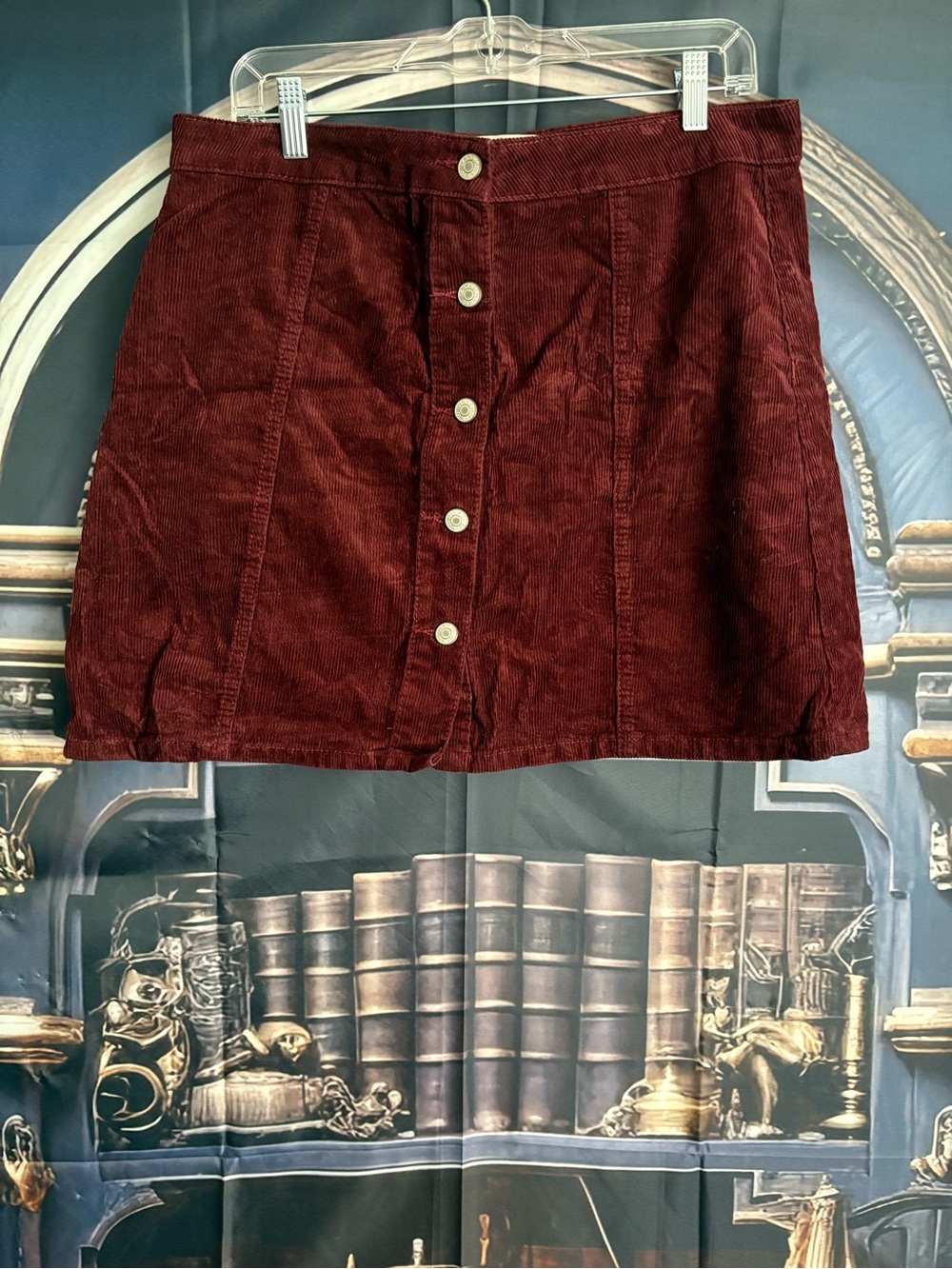 Denim&Co Burgundy Corduroy Button-Front Mini Skirt